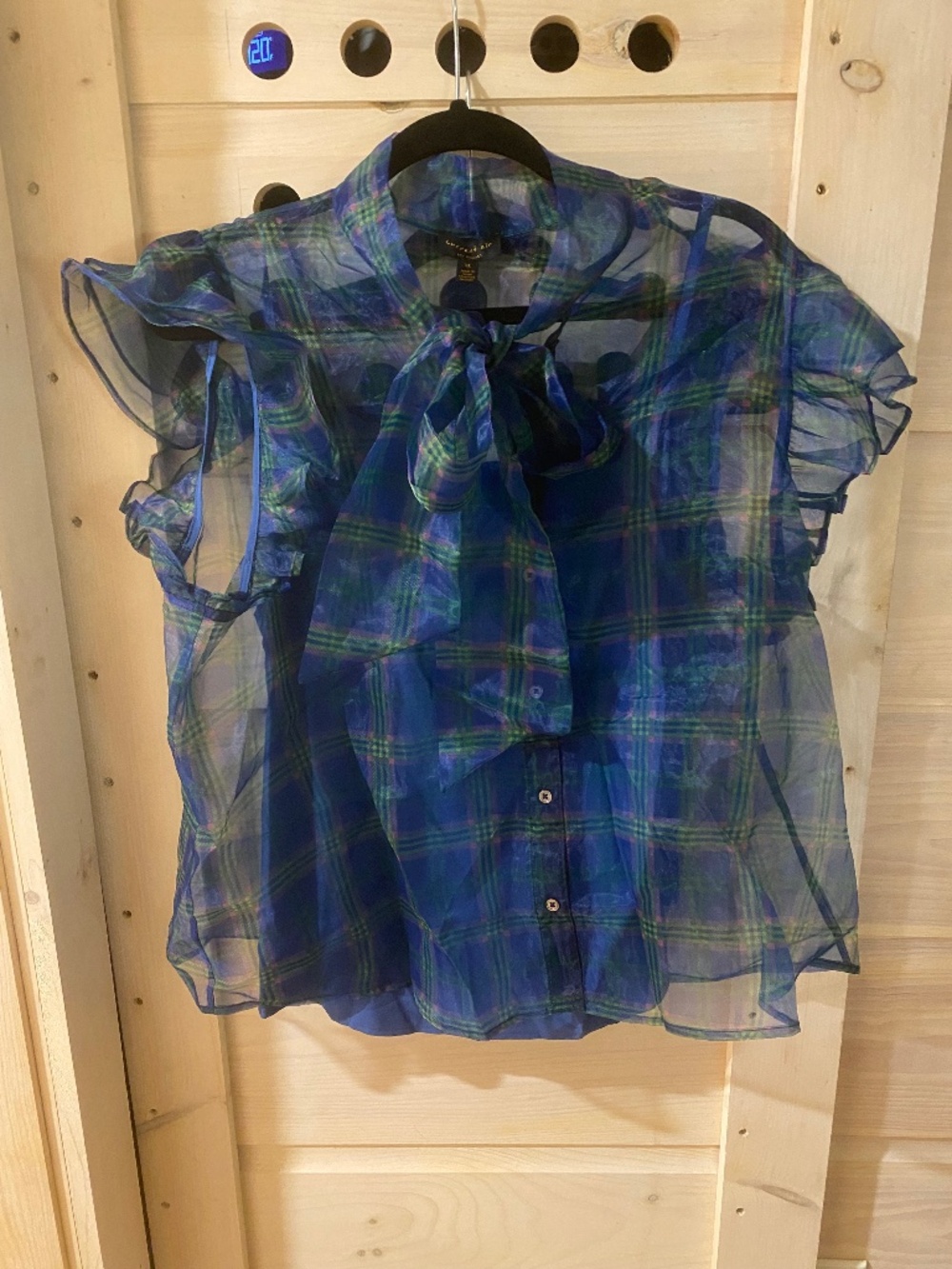 Anthropologie blue plaid party blouse, size XL